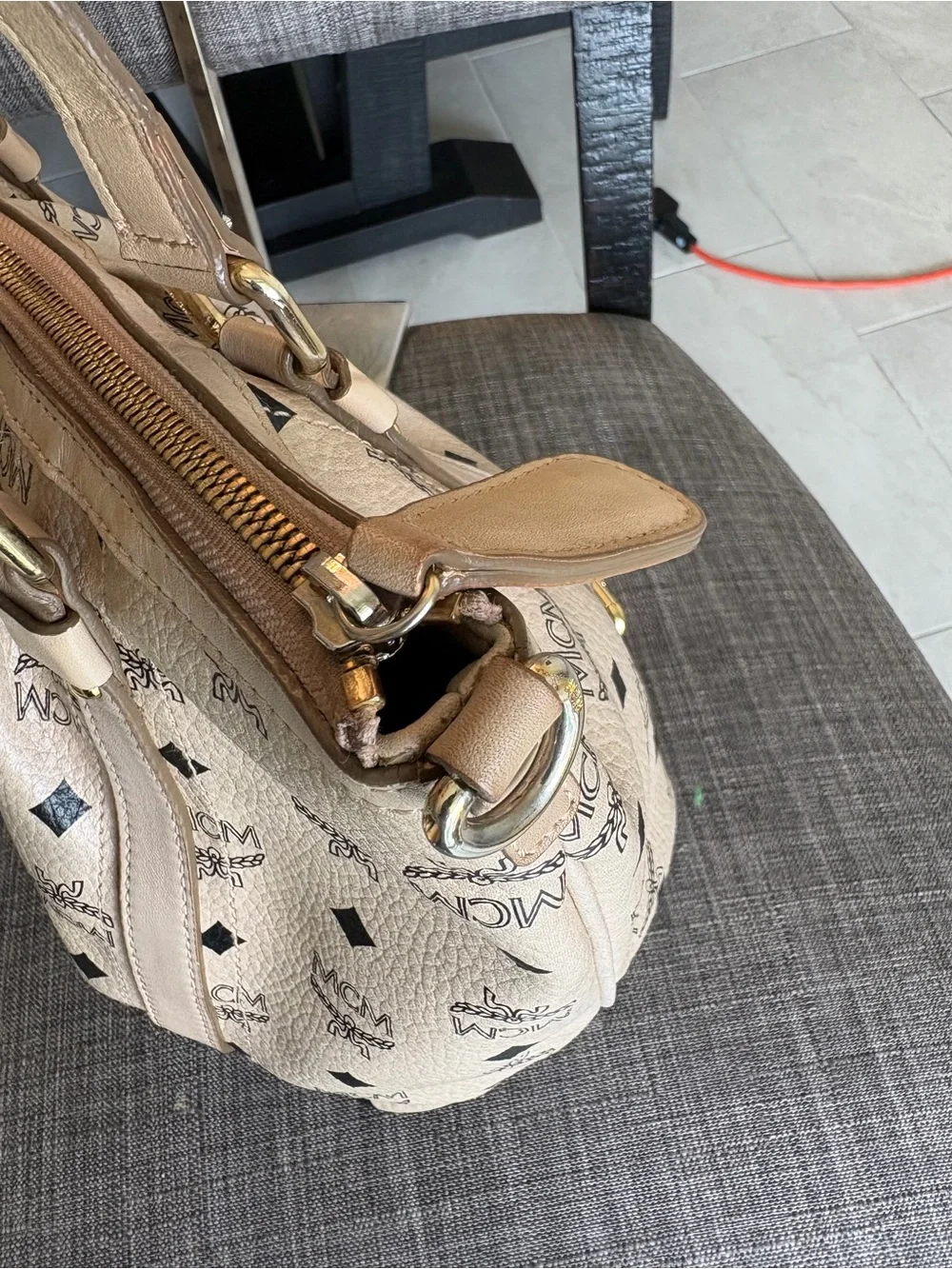MCM Beige Logo Tote Bag - Classic Printed Leather